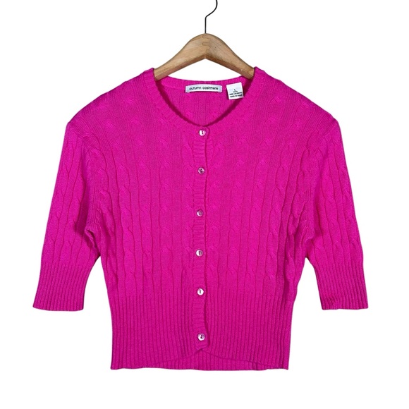 AUTUMN CASHMERE Cashmere Cropped Cable Knit 3/4 Sleeve Cardigan - Picture 2 of 7